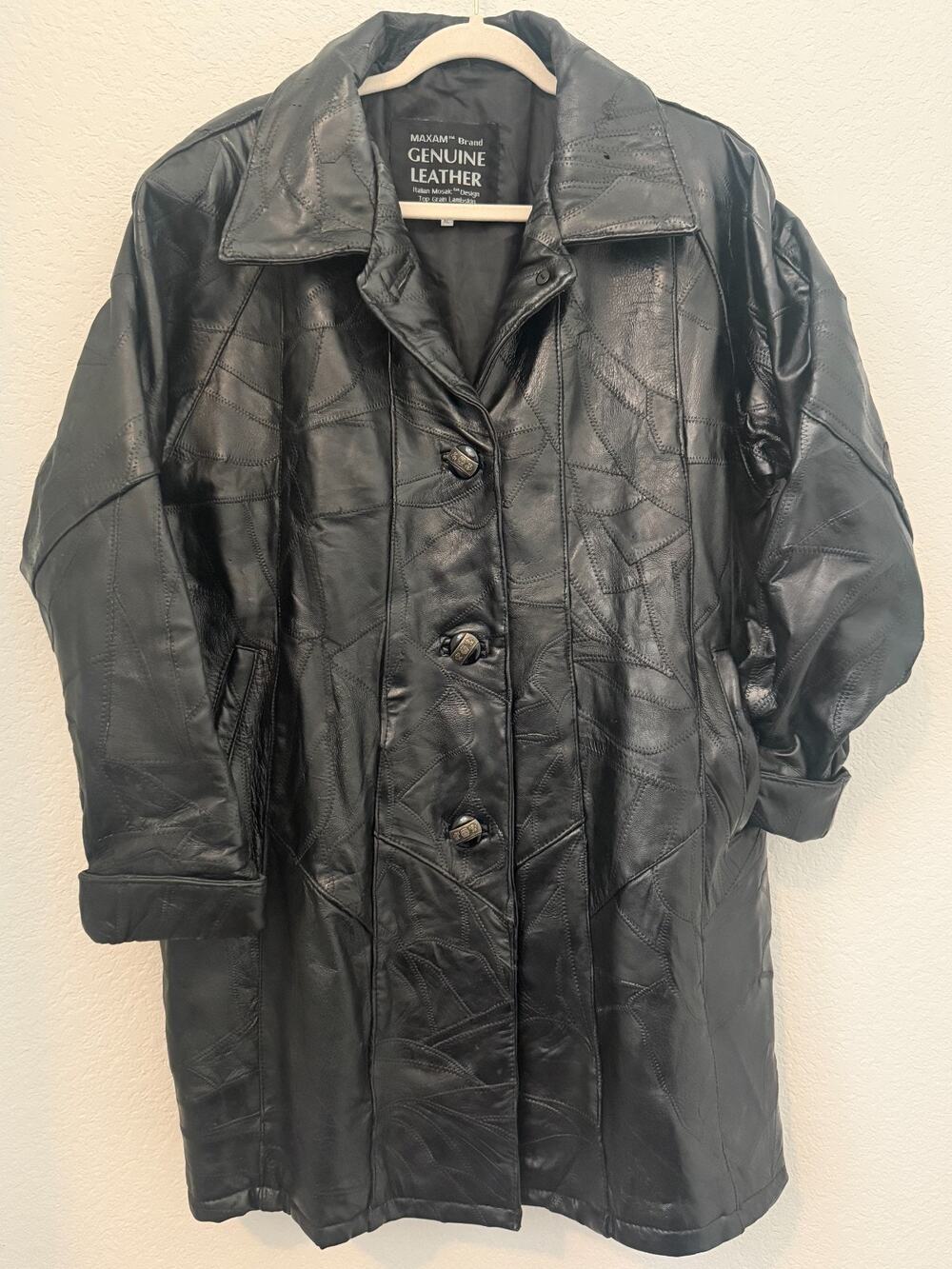 Maxam Brand Italian Mosaic Leather Lambskin Jacket Black Trench Coat Vintage XL